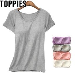Toppie Gym shirt O-neck Padded Bra t-shirt Elastic Breathable Basic Braless Tops 210623