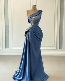 Blue Mermaid Prom Dresses One Shoulder High Side Split Satin Beads Arabic Evening Dress Sexy Women Robes Customize Formal Party Dress