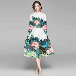 Designer Spring Women Vintage Printed Shirt Dress Sexy Slim Office Party Robe Female Elegant Floral Midi Dresses Vestidos 210525