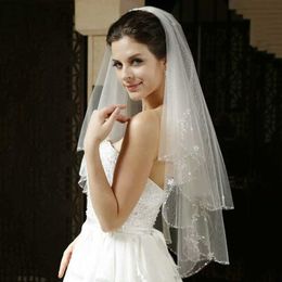 White or Ivory Short Wedding Veil with Crystal Edge with Comb 2 Beaded Bride Bridal Veils X0726