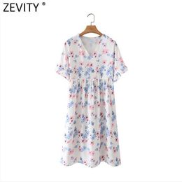 Zevity Women Sweet V Neck Floral Print Casual Mini Shirt Dress Female Chic Pleat Butterfly Sleeve Kimono Vestido DS8357 210603