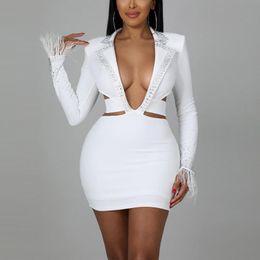 Casual Dresses Sexy Party Night Club Dress 2021 Diamond Bodycon White Black Hollow Out Mini Length Sex Evening Wear Cloth