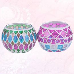 Candle Holders 2pcs Mosaic Holder Retro Round Glass Candlestick Tealight Ornaments (Rhombus And Colourful Salix Leaf)