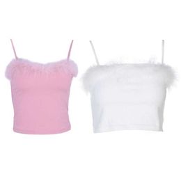 Womens Sexy Spaghetti Strap Feather Fluffy Plush Trim Crop Top Bandeau Camisole Pink, White 210312