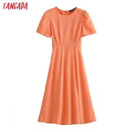 Tangada Summer Women French Style Orange Linen Dress Puff Short Sleeve Ladies Backless Midi Dress Vestidos YI31 210609