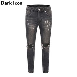 Ripped Denim Pants Foil Paint Splatter High Street Men's Pants Fashion Destroyed Jeans Black Blue 210603