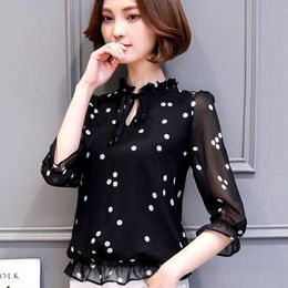 Women Spring Summer Style Chiffon Blouses Shirt Lady Casual Long Sleeve O-Neck Polka dot Solid Women's Loose Tops DF3577 210609