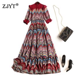 Fashion Summer Designer Ruffled Collar Wave Striped Printed Vintage Bohemian Beach Dress Women Elegant Midi Aline Holiday Robe 210601