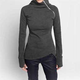 Jocoo Jolee Spring Autumn Casual Solid Hoodies Women Long Sleeve Turtleneck Zipper Sweatshirts Female Irregular Tops 211109