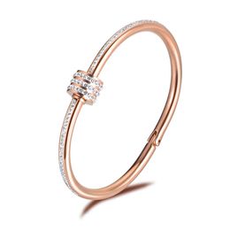 Stainless Steel Rotating Opening Cubic Zirconia Cuff Bangles Bracelets Lovers Jewellery Valentine's Day Gift B18060 Q0717