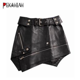 Sexy fur leather mini skirts womens Zipper punk rock belt skirt Streetwear black high waist Skirts female faldas mujer 210310