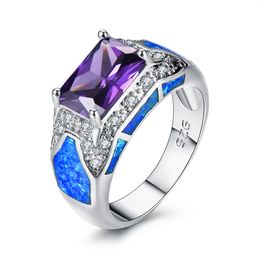 2021 Fashion Female Blue White Fire Opal Ring Silver Colour Purple Rainbow Stone Engagement Rings Women Wedding Jewellery