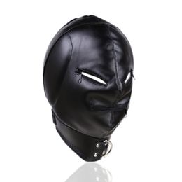 Sex Toys Black Pu Leather Head Bondage Hood Mask Open Eye Mouth With Zipper Erotic Couple Flirting Toy Adjustable masks Cosplay