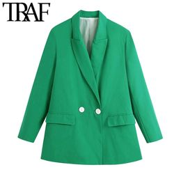 TRAF Women Fashion Double Breasted Loose Blazer Coat Vintage Long Sleeve Flap Pockets Female Outerwear Chic Veste 211006