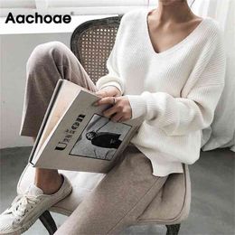 Aachoae Womens Sweaters Autumn Winter Casual V Neck Women Pullover Sweater Solid Long Sleeve Loose Knitted Cashmere Top 210914
