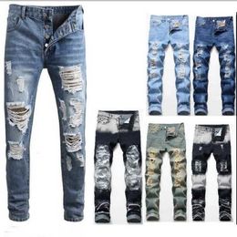 2021 Men's Jeans Straight Beggar Hole Nostalgic Personality Street Denim Pants Spell Color Patch Stretch Jeans Men X0621