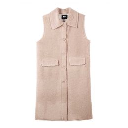 PERHAPS U Women Lambswool White Khaki Green Turn Down Collar Sleeveless Vest Loose Pocket C0492 210529