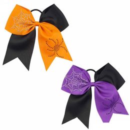 2021 8pcs/lot 7" Halloween Cheer Bow Patchwork Ribbon For Girls Cobweb Rhinestone Elastic rubber Band Hair Accessories Hair Bow