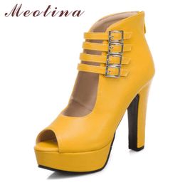 Meotina Summer Boots Women Sandals Cutout Zipper Platform Thick High Heel Party Shoes Buckle Peep Toe Sandals Ladies Red Size 210608