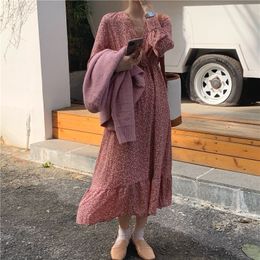 2021 New Women Spring Summer Dresses Fashionable Floral High Waist Vintage Korean Style Trumpet Lady Oversize Long Dress DR9165 210316