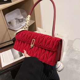 Evening Bags 2022 Winter Square Tote Armpit Bag For Women High Quality Velvet Women's Designer Handbags Fashion Shoulder Red