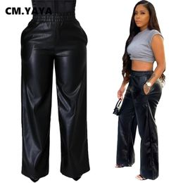 CM.YAYA Women Faux Leather Straight High Waist PU Pants INS Elegant Autumn Winter Solid Wide Leg Black Trousers 211115