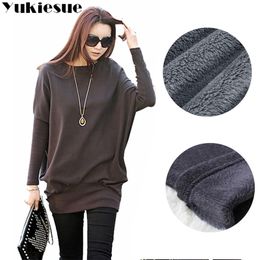 Korean Style Women winter warm fleece Tee Top Plus Size Cotton T-shirt Batwing long Sleeve Cute Wear Oversizse Tshirt 210310