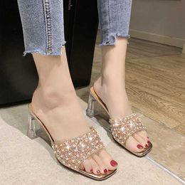 Rimocy Silver Crystal Clear Heels Slippers Women Summer Open Toe High Sandals Female Fashion Pearl Party Shoes Woman 210528
