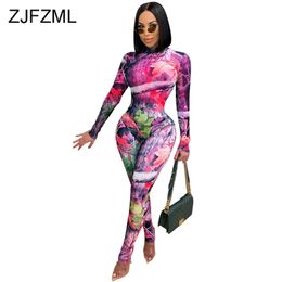 Sheer Mesh See Through Pattern Print 2 Piece Sets for Women Long Sleeve Bandage Bodysuits and Skinny Legging Sweat Suit Outfits 210317