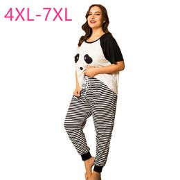 New summer plus size pajamas for women loose stripe panda print T-shirt and long pants home wear two piece suits 4XL 5XL 6XL 7XL Y0625