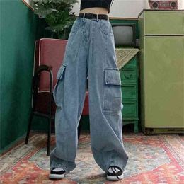 Street hip hop Japanese handsome BF large size washing water big pocket work clothes wide leg dad jeans men and women 210809