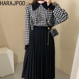 Women's Sweaters Harajpoo Female Korean Plaid 2021 Autumn Vintage Turn Down Collar Knitwear Pullover Long Pleated Skirt Suit Women