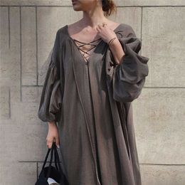 Women Spring Summer Dress Oversize High Waist V-Neck Lantern Sleeve Cotton Linen Vintage Sexy Backless Lady Long Dress 210527