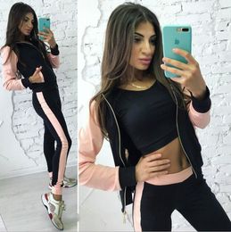 Women's zipper 3 piece set Fashion printing solid Colour casual sports suit (long sleeve sweater + vest+ trousers