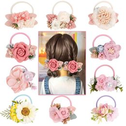 New Pearl Rhinestone Seamless Stretch Nylon Headband Pink Flower Baby Girl Headband Kids Hair Band Birthday Gifts Kids