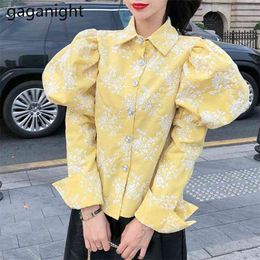 Spring Autumn Women Shrit Elegant Floral Print Puff Long Sleeve Blouse Tops Casual Girls Blouses Slim Blusa 210601