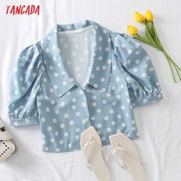 Tangada Women Retro Blue Dots Print Crop Chiffon Shirt Summer Blouse Short Sleeve Chic Female Tops 3Y15 210609