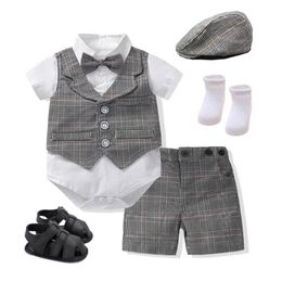 Clothing Sets 6pcs/Set Baby Boy Cotton Plaid Romper Shorts Cap Socks Shoes Bow Tie Infant Born Boys Clothes OutfitsClothing