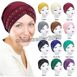 Fashion Ladies Forehead Cross Diamond Milk Silk Ladies Turban Hat Islamic Muslim Beanie Hair Accessories