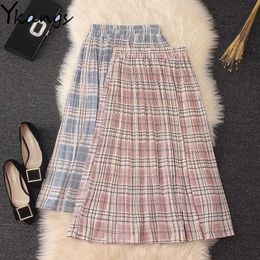 summer harajuku Sweet long skirt Women Pink high waist Plaid pleated skirt Korean Style Chiffon plus size skirt Streetwear 210619