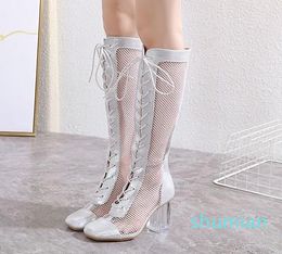 New Gold Meshy Hollow Out Lace Up Square Toes Clear Block Heel Knee High Boots Size 34 To 40