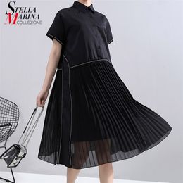 New Fashion Woman Summer Korean Style Black Pleated Shirt Dress Chiffon Patchwork Lapel Ladies Cute Casual Midi Dress Robe 6168 210309