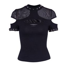 Rosetic Women T shirts Casual Punk Gothic Chic Summer Slim Mesh Hole Rivet Sexy Club Black OL Hip Hop Female Ladies Goth Tops 210311