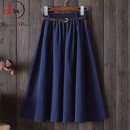 Women Preppy Style Summer Skirt Casual A-line Solid With Belt Mid-length Fashion Elegant Chic Girls Midi Skirts Saias 210621