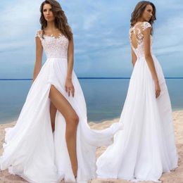 modest wedding dresses line lace UK - Modest Beach A Line Wedding Dress For Women 2021 robe de mariée Sheer Illusion Chiffon Gowns Lace Bridal Dresses
