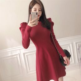 Winter sweater dress ladies korea long Sleeve crew neck warm Sexy party mini knitted Dresses for women 210602