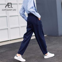 AEL navy blue suit pants woman high waist loose casual pants sashes office ladies long pants autumn 211216