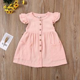 1-6Y Summer Lovely Kids Girls Dress Solid Ruffles Sleeve Button A-Line Knee Length Dress Q0716
