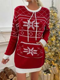 Casual Dresses Christmas Pocket Sweater Dress Women Sexy Loose Splice Print Pullover Mini Ladies Autumn Long Sleeve