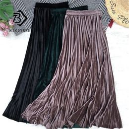 Autumn Winter Women Golden Velvet Long Skirt Korean Ladies Elastic Casual High Waist Skirts Pleated Bottoms B07004R 210310